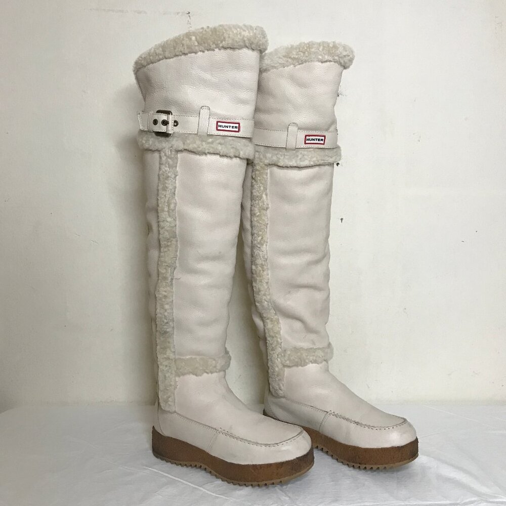 Hunter Sz 8 Ivory White Leather & Genuine Brazilian Sheepskin Lining Tall Boots
